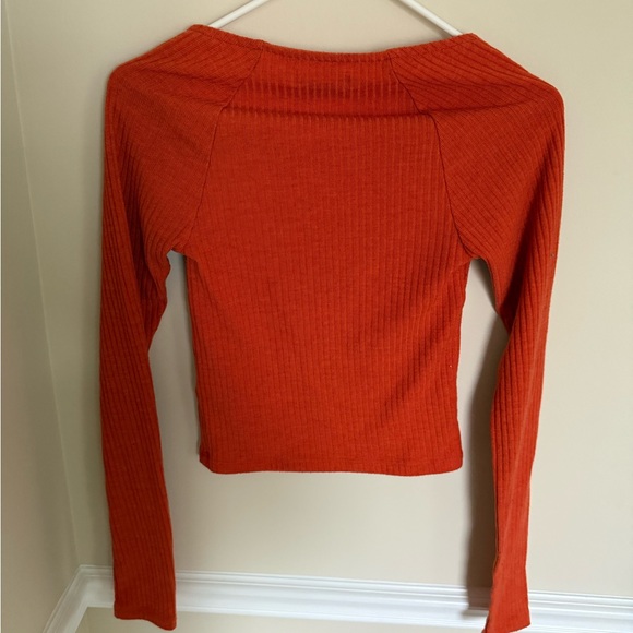 Vibrant Orange Urban Outfitters Orla Ribbed Knit Square Neck Cropped Long Sleeve - Picture 7 of 11